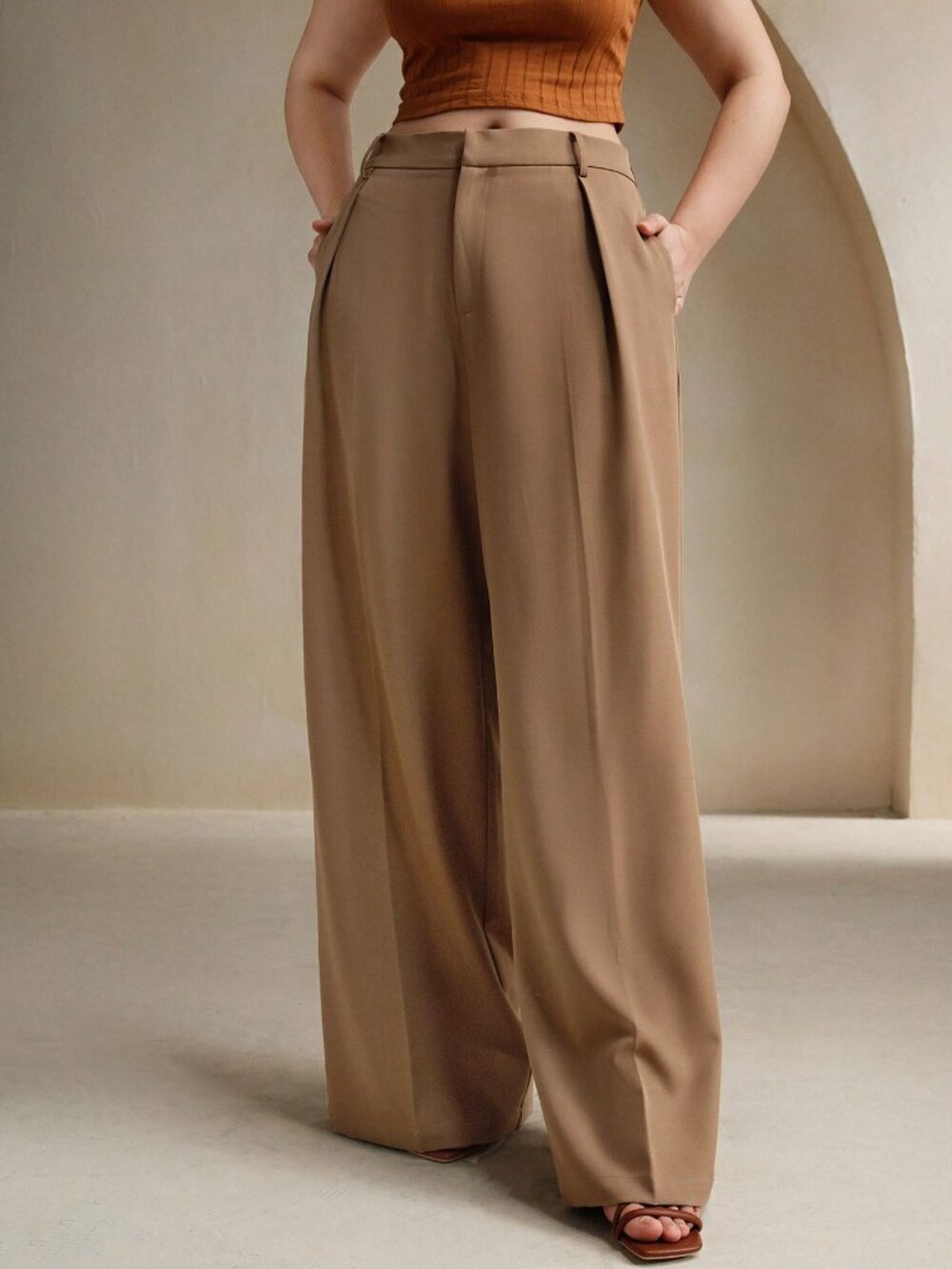 Khaki Elegant Women's Plus Size Trousers